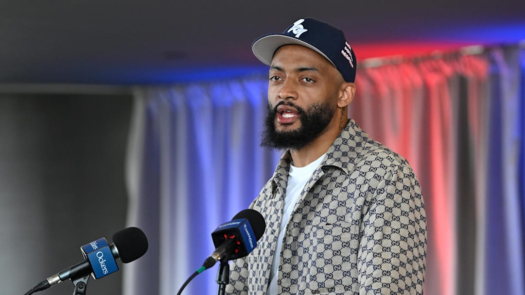 Mar 13, 2025; Foxborough, MA, USA; New England Patriots cornerback Carlton Davis III discusses his recent free agent addition to the Patriots with the media at Gillette Stadium. Mandatory Credit: Eric Canha-Imagn Images