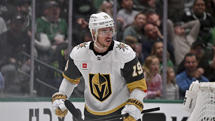 Mar 22, 2026; Dallas, Texas, USA; Vegas Golden Knights right wing Reilly Smith (19) celebrates after he scores the game winning goal past Dallas Stars goaltender Casey DeSmith (not pictured) during the third period at the American Airlines Center. Mandatory Credit: Jerome Miron-Imagn Images