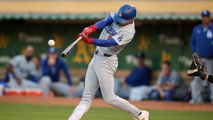 Aug 3, 2024; Oakland, California, USA; Los Angeles Dodgers infielder Cavan Biggio (6) bats against the Oakland Athletics during the sixth inning at Oakland-Alameda County Coliseum. Mandatory Credit: Robert Edwards-USA TODAY Sports