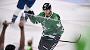 May 3, 2025; Dallas, Texas, USA; Dallas Stars right wing Mikko Rantanen (96) celebrates after he scores a goal against the Colorado Avalanche during the third period in game seven of the first round of the 2025 Stanley Cup Playoffs at American Airlines Center. Mandatory Credit: Jerome Miron-Imagn Images