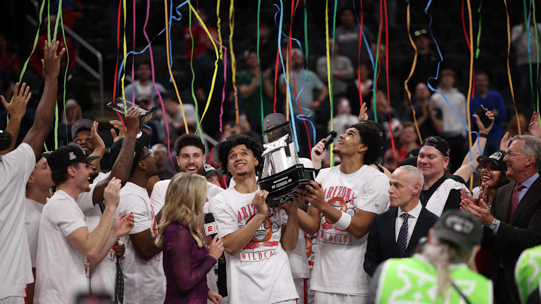 The Arizona Wildcats celebrate winning the men’s Big 12 tournament championship. They received a No. 1 seed in the NCAA tournament. The Arizona Wildcats celebrate winning the men’s Big 12 tournament championship. They received a No. 1 seed in the NCAA tournament.