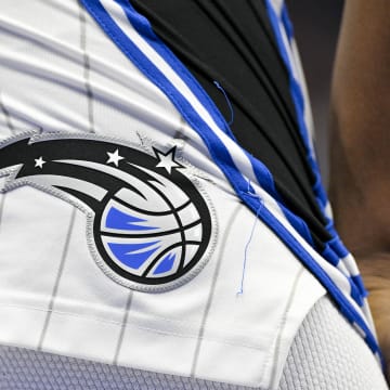 Jan 29, 2024; Dallas, Texas, USA; A view of the Orlando Magic logo during the game between the Dallas Mavericks and the Orlando Magic at the American Airlines Center. Mandatory Credit: Jerome Miron-USA TODAY Sports