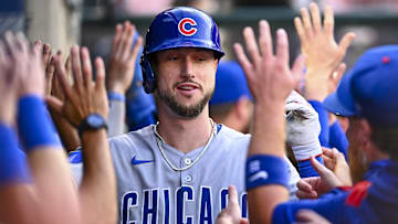 Aug 23, 2025; Anaheim, California, USA; Chicago Cubs outfielder Kyle Tucker (30) celebrates with teammates