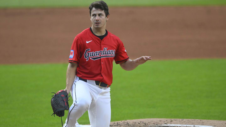 Aug 5, 2024; Cleveland, Ohio, USA; Cleveland Guardians starting pitcher Logan Allen (41) reacts after he was hit in the head by a batted ball in the first inning against the Arizona Diamondbacks at Progressive Field. Mandatory Credit: David Richard-USA TODAY Sports