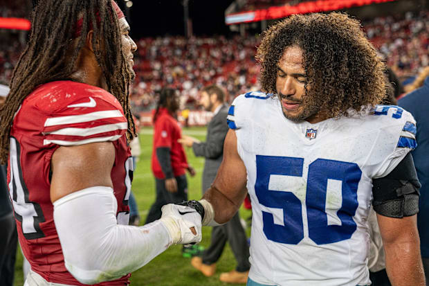 San Francisco 49ers linebacker Fred Warner (54) and Dallas Cowboys linebacker Eric Kendricks (50). 