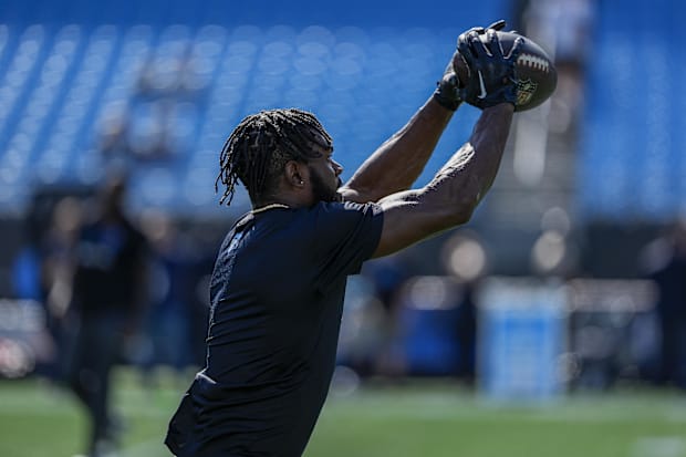 Carolina Panthers WR Jonathan Mingo during pregame warm ups against the Atlanta Falcons at Bank of America Stadium.