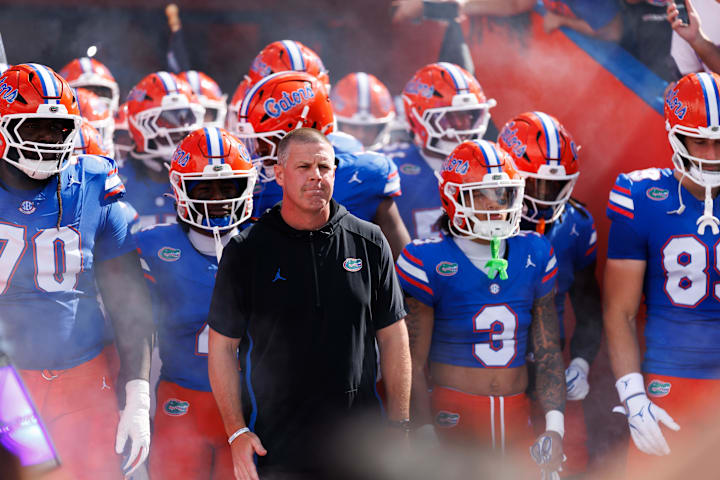 Florida Gators head coach Billy Napier looks on before a game against the South Florida Bulls at Ben Hill Griffin Stadium. 