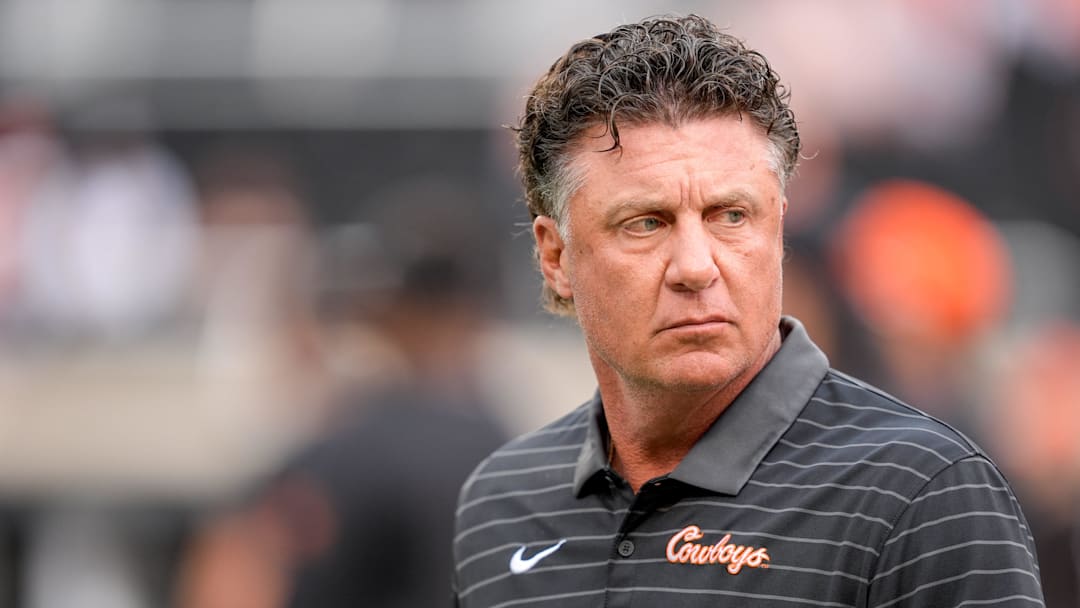 Oklahoma State Head coach Mike Gundy walks on the field before an NCAA football game between Oklahoma State (OSU) and UT Martin in Stillwater, Okla., on Thursday, Aug. 28, 2025.