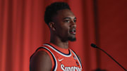 Oct 10, 2024; Charlotte, NC, USA;  Syracuse player JJ Starling at The Hilton Charlotte Uptown. Mandatory Credit: Jim Dedmon-Imagn Images