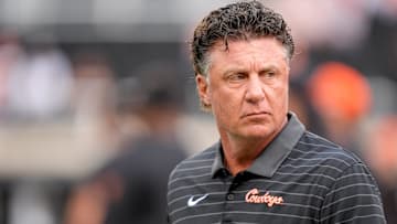 Oklahoma State Head coach Mike Gundy walks on the field before an NCAA football game between Oklahoma State (OSU) and UT Martin in Stillwater, Okla., on Thursday, Aug. 28, 2025.