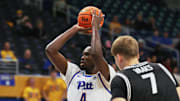 Oct 19, 2025; Pittsburgh, PA, USA;  Pittsburgh Panthers forward Papa Amadou Kante (4) shoots a free throw against the Providence Friars during the second half at the Petersen Events Center. Mandatory Credit: Charles LeClaire-Imagn Images