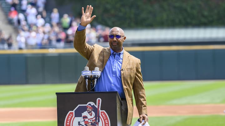 Aug 11, 2019; Chicago, IL, USA; Former Chicago White Sox player Harold Baines is honored during a ceremony reflecting his Hall of Fame induction prior to a game between the Chicago White Sox and the Oakland Athletics at Guaranteed Rate Field. Mandatory Credit: Patrick Gorski-Imagn Images