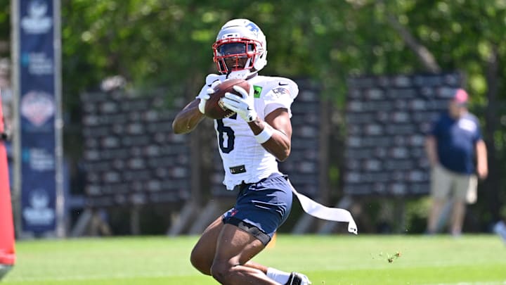 Jul 23, 2025; Foxborough, MA, USA; New England Patriots wide receiver Javon Baker (6) makes a catch during training camp at Gillette Stadium. Mandatory Credit: Eric Canha-Imagn Images