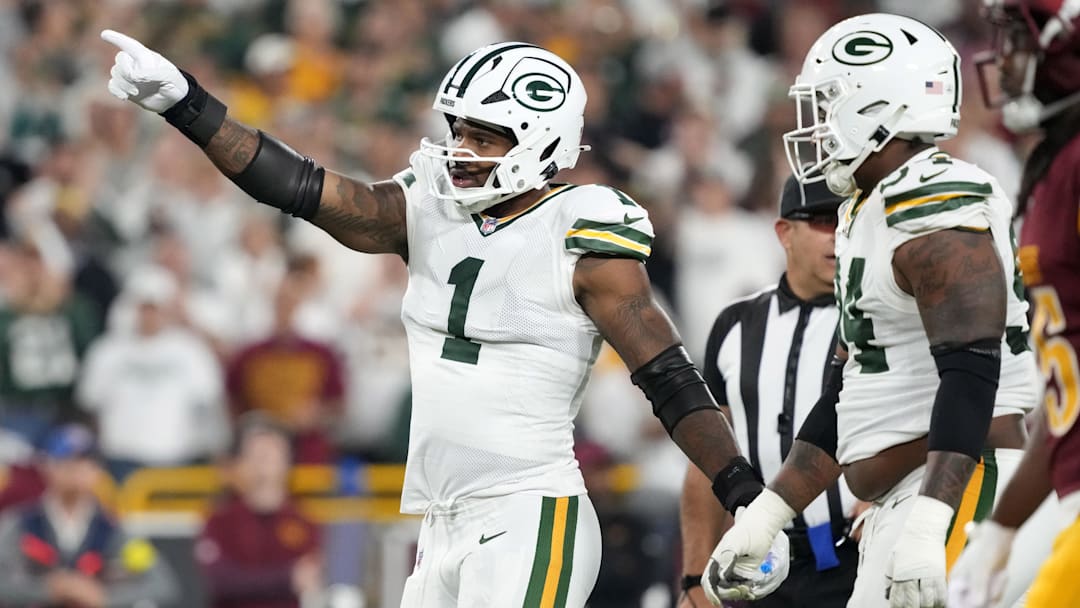 Sep 11, 2025; Green Bay, Wisconsin, USA;  Green Bay Packers defensive end Micah Parsons (1) reacts in the first quarter against the Washington Commanders at Lambeau Field. Mandatory Credit: Jeff Hanisch-Imagn Images