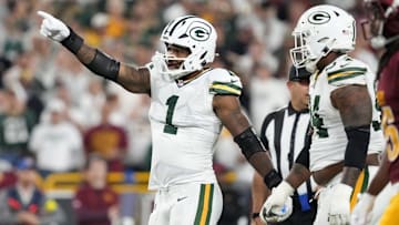 Sep 11, 2025; Green Bay, Wisconsin, USA;  Green Bay Packers defensive end Micah Parsons (1) reacts in the first quarter against the Washington Commanders at Lambeau Field. Mandatory Credit: Jeff Hanisch-Imagn Images