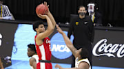 Apr 3, 2021; Indianapolis, Indiana, USA; Houston Cougars guard Quentin Grimes (24) shoots over Baylor Bears guard Mark Vital (11) during the first half in the national semifinals of the Final Four of the 2021 NCAA Tournament at Lucas Oil Stadium. Mandatory Credit: Kyle Terada-Imagn Images