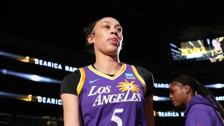 May 25, 2023; Los Angeles, California, USA; LA Sparks forward Dearica Hamby (5) is introduced during the game against the Las Vegas Aces at Crypto.com Arena.