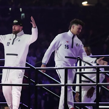Travis Kelce and Patrick Mahomes arrive at Super Bowl Opening Night.