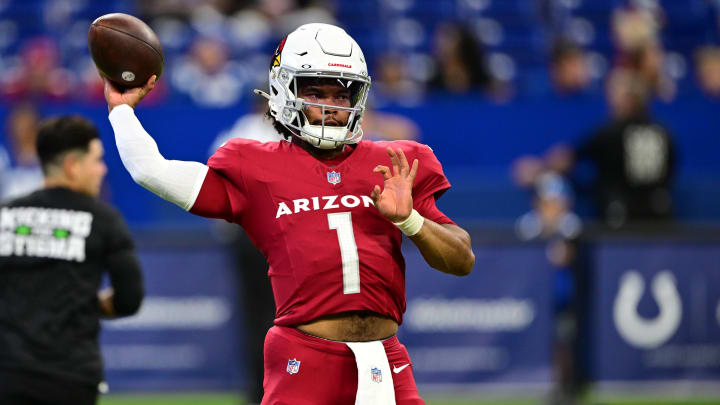 Aug 17, 2024; Indianapolis, Indiana, USA; Arizona Cardinals quarterback Kyler Murray (1) throws a pass to warm up before the game against the Indianapolis Colts at Lucas Oil Stadium. Mandatory Credit: Marc Lebryk-USA TODAY Sports