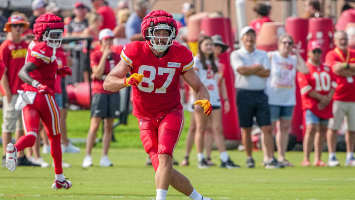 Jul 26, 2024; Kansas City, MO, USA; Kansas City Chiefs tight end Travis Kelce (87) runs a passing route during training camp at Missouri Western State University. Mandatory Credit: Denny Medley-Imagn Images