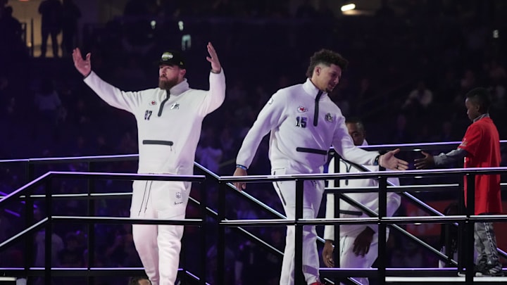 Travis Kelce and Patrick Mahomes arrive at Super Bowl Opening Night.