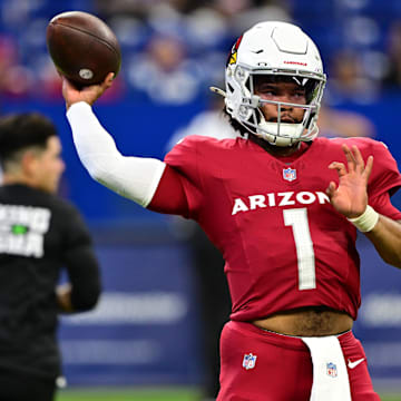 Aug 17, 2024; Indianapolis, Indiana, USA; Arizona Cardinals quarterback Kyler Murray (1) throws a pass to warm up before the game against the Indianapolis Colts at Lucas Oil Stadium. Mandatory Credit: Marc Lebryk-Imagn Images