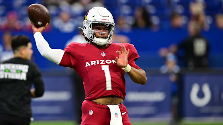 Aug 17, 2024; Indianapolis, Indiana, USA; Arizona Cardinals quarterback Kyler Murray (1) throws a pass to warm up before the game against the Indianapolis Colts at Lucas Oil Stadium. Mandatory Credit: Marc Lebryk-Imagn Images