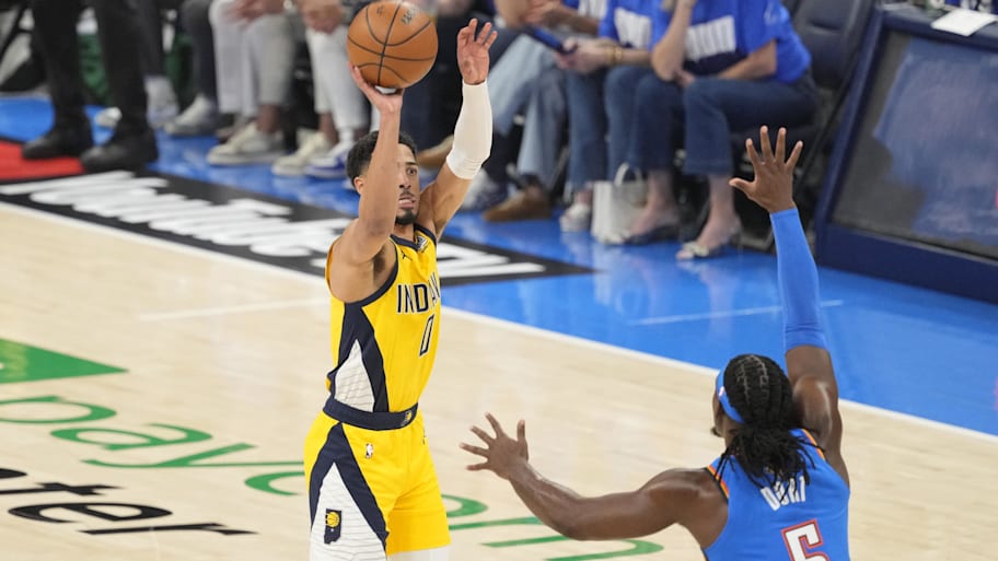 Tyrese Haliburton takes a long three in Game 2 against the Oklahoma City Thunder. | Kyle Terada-Imagn Images