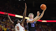 Mar 6, 2024; Ames, Iowa, USA; Iowa State Cyclones forward Tre King (0) defends Brigham Young Cougars guard Richie Saunders (15) in the second half at James H. Hilton Coliseum. Mandatory Credit: Reese Strickland-Imagn Images

