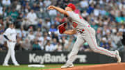 Sep 11, 2023; Seattle, Washington, USA; Los Angeles Angels starting pitcher Reid Detmers (48) pitches to the Seattle Mariners during the first inning at T-Mobile Park. Mandatory Credit: Steven Bisig-USA TODAY Sports