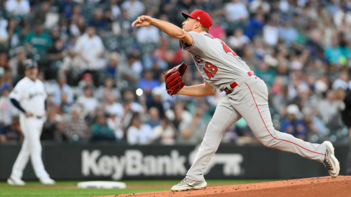 Sep 11, 2023; Seattle, Washington, USA; Los Angeles Angels starting pitcher Reid Detmers (48) pitches to the Seattle Mariners during the first inning at T-Mobile Park. Mandatory Credit: Steven Bisig-USA TODAY Sports