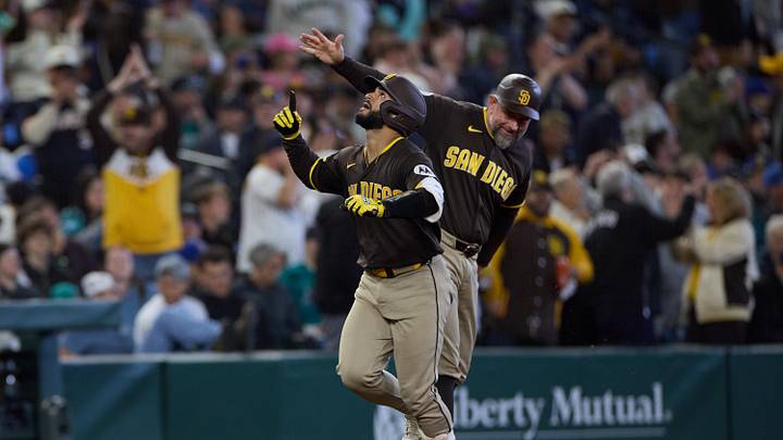 May 16, 2026; Seattle, Washington, USA; San Diego Padres catcher Rodolfo Duran (48) runs the bases after hitting a 2-run home run against the Seattle Mariners in the seventh inning at T-Mobile Park. Mandatory Credit: Richard Dizon-Imagn Images