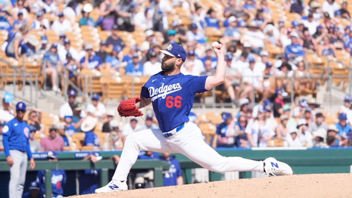 Feb 28, 2026; Phoenix, Arizona, USA; Los Angeles Dodgers pitcher Tanner Scott (66) on the mound pitching during the third inning of a spring training game against the Chicago Cub at Camelback Ranch-Glendale. Mandatory Credit: Allan Henry-Imagn Images