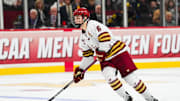 Apr 11, 2024; Saint Paul, Minnesota, USA; Boston College Eagles forward Will Smith (6) carries the puck in the semifinals of the 2024 Frozen Four college ice hockey tournament during the second period against the Michigan Wolverines at Xcel Energy Center. Mandatory Credit: Brace Hemmelgarn-Imagn Images