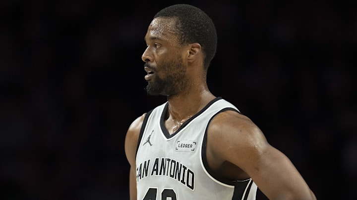 Jan 11, 2026; Minneapolis, Minnesota, USA; San Antonio Spurs forward Harrison Barnes (40) looks on against the Minnesota Timberwolves in the first half at Target Center. Mandatory Credit: Jesse Johnson-Imagn Images