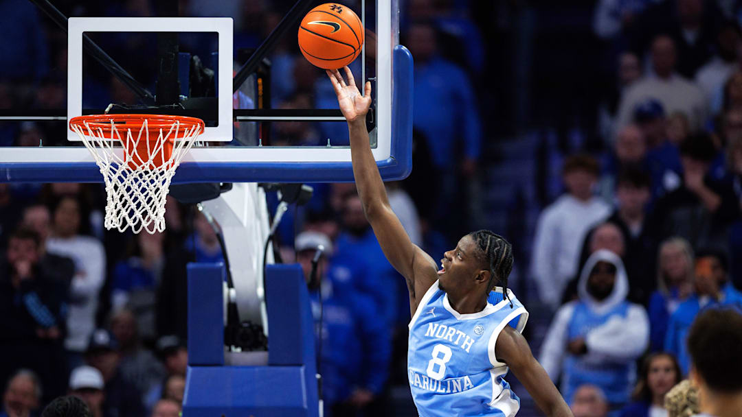 Dec 2, 2025; Lexington, Kentucky, USA; North Carolina Tar Heels forward Caleb Wilson (8) goes to the basket during the second half against the Kentucky Wildcats at Rupp Arena at Central Bank Center. Mandatory Credit: Jordan Prather-Imagn Images