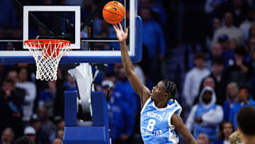 Dec 2, 2025; Lexington, Kentucky, USA; North Carolina Tar Heels forward Caleb Wilson (8) goes to the basket during the second half against the Kentucky Wildcats at Rupp Arena at Central Bank Center. Mandatory Credit: Jordan Prather-Imagn Images