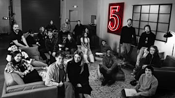 STRANGER THINGS. (L to R) Noah Schnapp, Millie Bobby Brown, David Harbour, Winona Ryder, Cara Buono, Joe Keery, Amybeth McNulty, Charlie Heaton, Brett Gelman, Maya Hawke, Natalia Dyer, Jamie Campbell Bower, Priah Ferguson, Linda Hamilton, Gaten Matarazzo, Caleb McLaughlin, Ross Duffer, Matt Duffer, Finn Wolfhard, and Sadie Sink of STRANGER THINGS. Cr. Atsushi Nishijima/Netflix © 2024