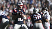 Nov 2, 2025; Foxborough, Massachusetts, USA;  New England Patriots quarterback Drake Maye (10) looks to pass against the Atlanta Falcons during the first quarter at Gillette Stadium. Mandatory Credit: Brian Fluharty-Imagn Images