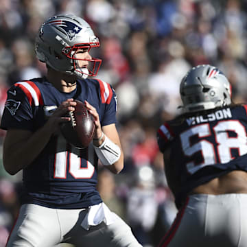 Nov 2, 2025; Foxborough, Massachusetts, USA;  New England Patriots quarterback Drake Maye (10) looks to pass against the Atlanta Falcons during the first quarter at Gillette Stadium. Mandatory Credit: Brian Fluharty-Imagn Images
