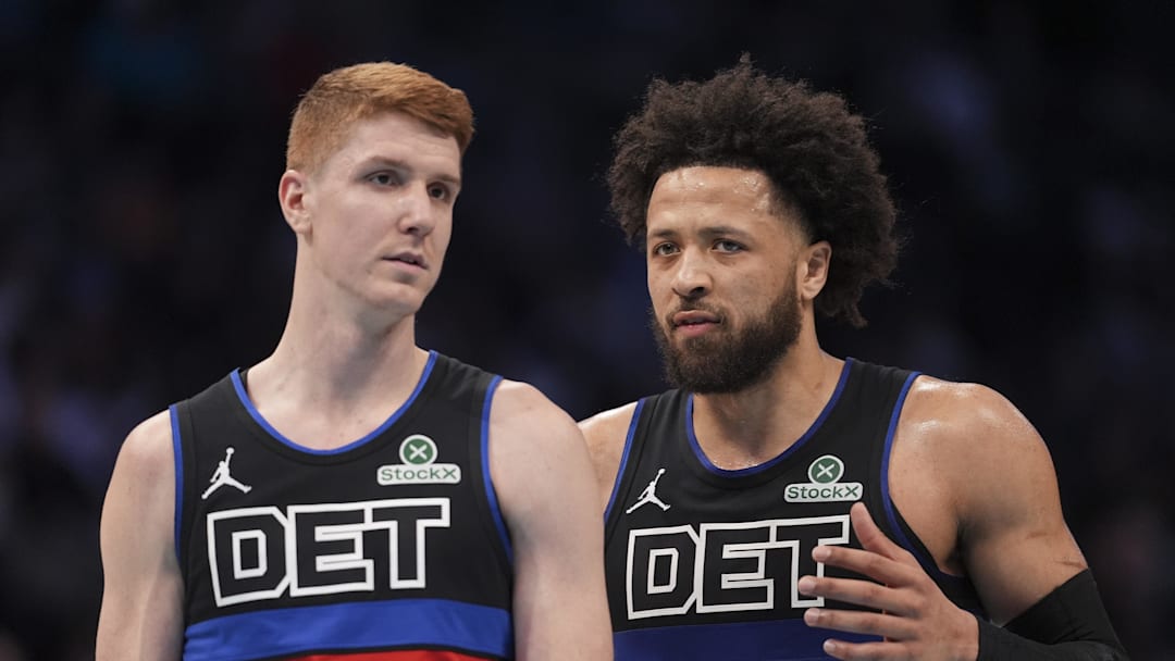 Feb 9, 2026; Charlotte, North Carolina, USA; Detroit Pistons guard Cade Cunningham (2) talks with guard Kevin Huerter (27). Mandatory Credit: Jim Dedmon-Imagn Images