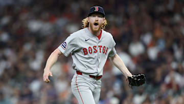 Aug 12, 2025; Houston, Texas, USA; Boston Red Sox starting pitcher Dustin May (85) reacts after an out to end the second inning against the Houston Astros at Daikin Park. Mandatory Credit: Troy Taormina-Imagn Images