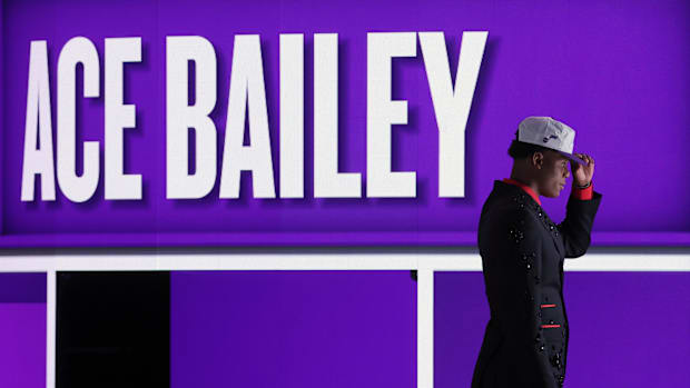     Ace Bailey looks after being selected as fifth choice by Utah in the first round of the NBA 2025 draft in Barclays