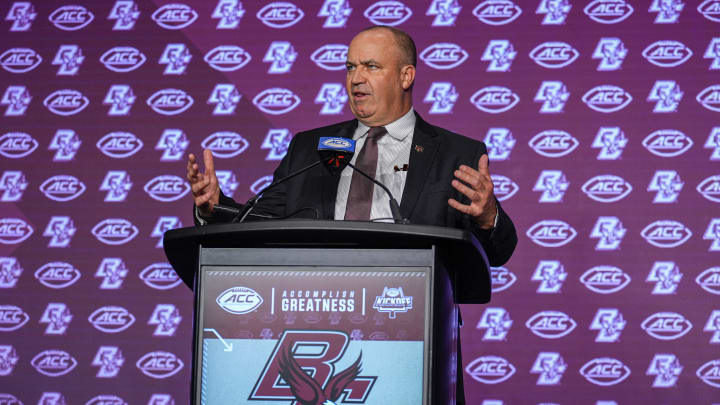 Jul 24, 2024; Charlotte, NC, USA; Boston College Eagles head coach Bill O'Brien talks with the media during the ACC Kickoff at Hilton Charlotte Uptown.