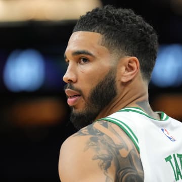 Mar 9, 2024; Phoenix, Arizona, USA; Boston Celtics forward Jayson Tatum (0) looks on against the Phoenix Suns during the second half at Footprint Center. Mandatory Credit: Joe Camporeale-USA TODAY Sports