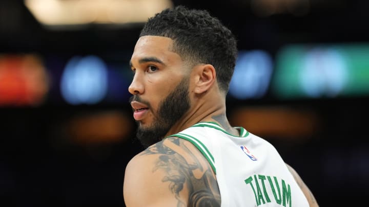 Mar 9, 2024; Phoenix, Arizona, USA; Boston Celtics forward Jayson Tatum (0) looks on against the Phoenix Suns during the second half at Footprint Center. Mandatory Credit: Joe Camporeale-USA TODAY Sports