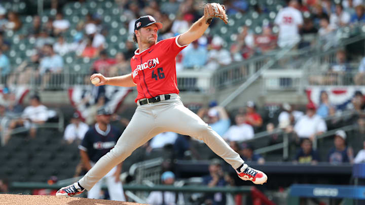 Blue Jays prospect Trey Yesavage throws a pitch during the 2025 MLB Futures Game.