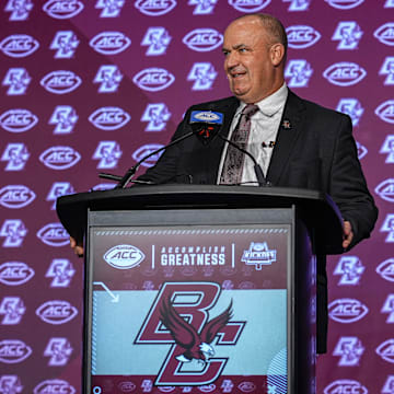 Jul 24, 2024; Charlotte, NC, USA; Boston College Eagles head coach Bill O'Brien talks with the media during the ACC Kickoff at Hilton Charlotte Uptown. Mandatory Credit: Jim Dedmon-Imagn Images