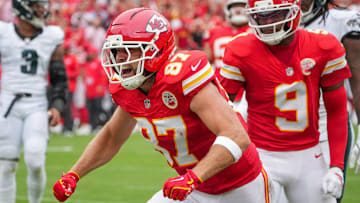 Sep 14, 2025; Kansas City, Missouri, USA; Kansas City Chiefs tight end Travis Kelce (87) celebrates after a run against the Philadelphia Eagles during the game at GEHA Field at Arrowhead Stadium. Mandatory Credit: Denny Medley-Imagn Images