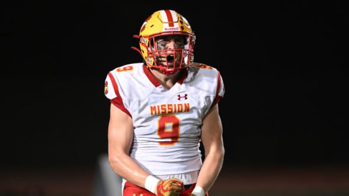 Jaden Williams of Mission Viejo celebrates after a sack against Long Beach Poly